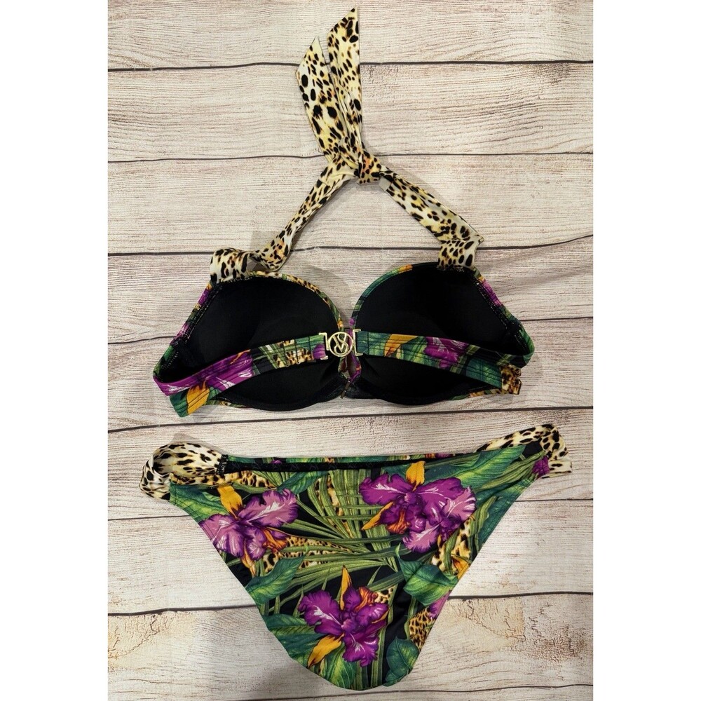Y2K Victorias SecretBombshell Bikini Top & Bottom Floral Leopard Print 34B/L - Picture 4 of 8